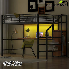 Bellemave® Full Size Metal Loft Bed with Desk, Storage Staircase, Small Wardrobe and LED Light - Bellemave