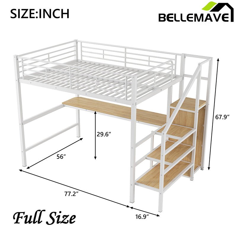 Bellemave® Full Size Metal Loft Bed with Desk, Storage Staircase, Small Wardrobe and LED Light - Bellemave