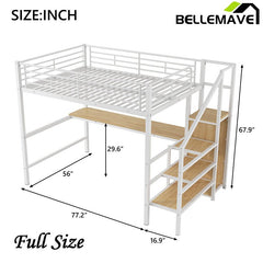 Bellemave® Full Size Metal Loft Bed with Desk, Storage Staircase, Small Wardrobe and LED Light - Bellemave