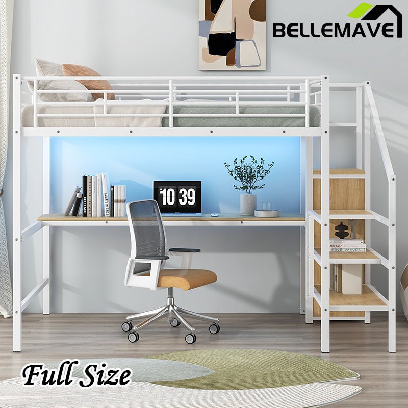 Bellemave® Full Size Metal Loft Bed with Desk, Storage Staircase, Small Wardrobe and LED Light - Bellemave