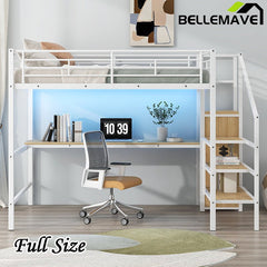 Bellemave® Full Size Metal Loft Bed with Desk, Storage Staircase, Small Wardrobe and LED Light - Bellemave