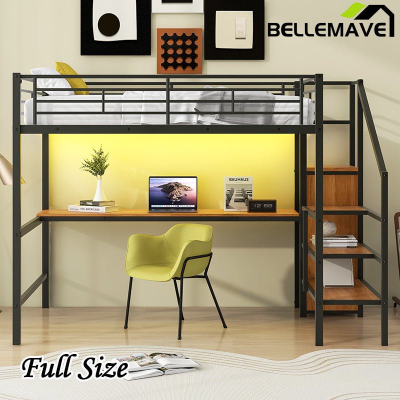 Bellemave® Full Size Metal Loft Bed with Desk, Storage Staircase, Small Wardrobe and LED Light - Bellemave