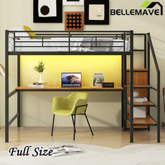 Bellemave® Full Size Metal Loft Bed with Desk, Storage Staircase, Small Wardrobe and LED Light - Bellemave