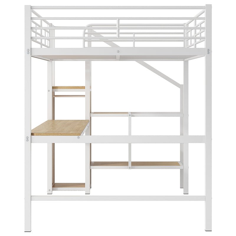 Bellemave® Full Size Metal Loft Bed with Desk, Storage Staircase, Small Wardrobe and LED Light - Bellemave