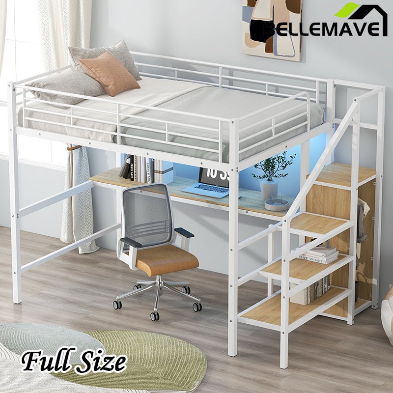 Bellemave® Full Size Metal Loft Bed with Desk, Storage Staircase, Small Wardrobe and LED Light - Bellemave