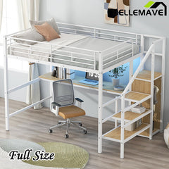 Bellemave® Full Size Metal Loft Bed with Desk, Storage Staircase, Small Wardrobe and LED Light - Bellemave