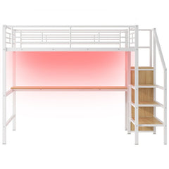 Bellemave® Full Size Metal Loft Bed with Desk, Storage Staircase, Small Wardrobe and LED Light - Bellemave