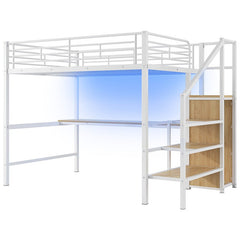 Bellemave® Full Size Metal Loft Bed with Desk, Storage Staircase, Small Wardrobe and LED Light - Bellemave