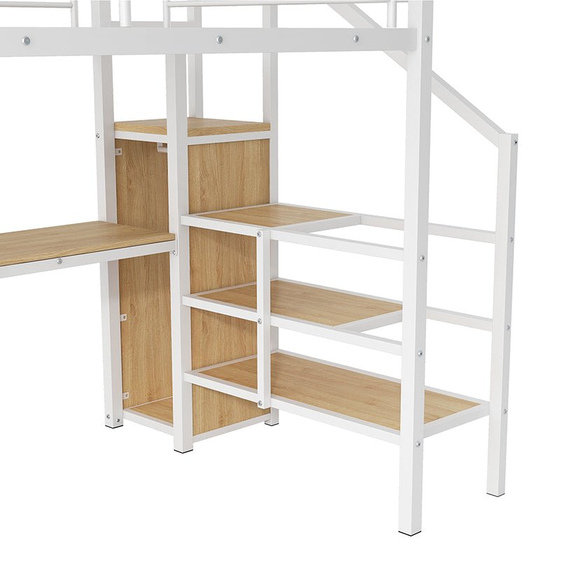 Bellemave® Full Size Metal Loft Bed with Desk, Storage Staircase, Small Wardrobe and LED Light - Bellemave