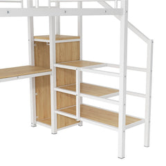 Bellemave® Full Size Metal Loft Bed with Desk, Storage Staircase, Small Wardrobe and LED Light - Bellemave
