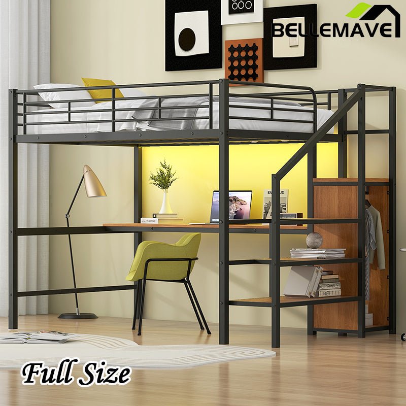Bellemave® Full Size Metal Loft Bed with Desk, Storage Staircase, Small Wardrobe and LED Light - Bellemave