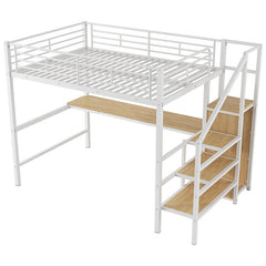 Bellemave® Full Size Metal Loft Bed with Desk, Storage Staircase, Small Wardrobe and LED Light - Bellemave