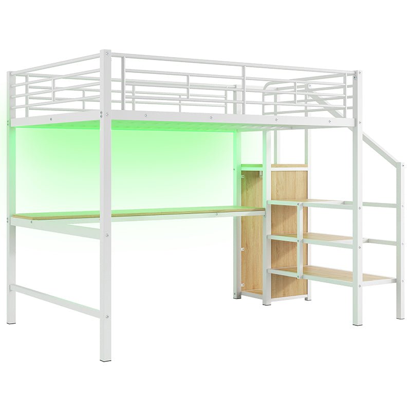 Bellemave® Full Size Metal Loft Bed with Desk, Storage Staircase, Small Wardrobe and LED Light - Bellemave