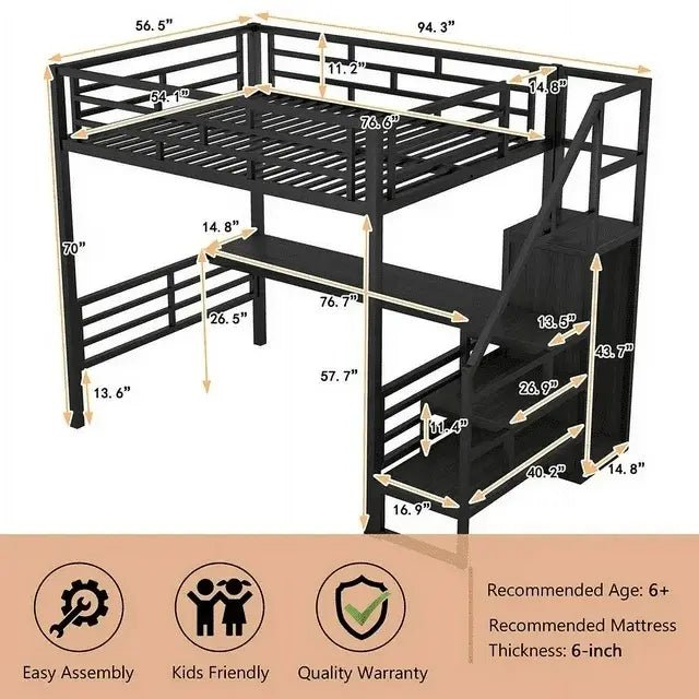 Bellemave® Full Size Metal Loft Bed with Desk, Storage Stairs and Small Wardrobe - Bellemave