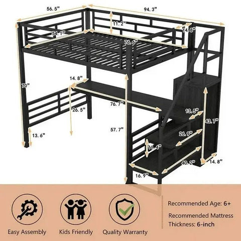 Bellemave® Full Size Metal Loft Bed with Desk, Storage Stairs and