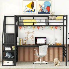 Bellemave® Full Size Metal Loft Bed with Desk, Storage Stairs and Small Wardrobe - Bellemave