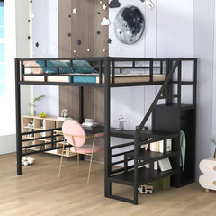 Bellemave® Full Size Metal Loft Bed with Desk, Storage Stairs and Small Wardrobe - Bellemave