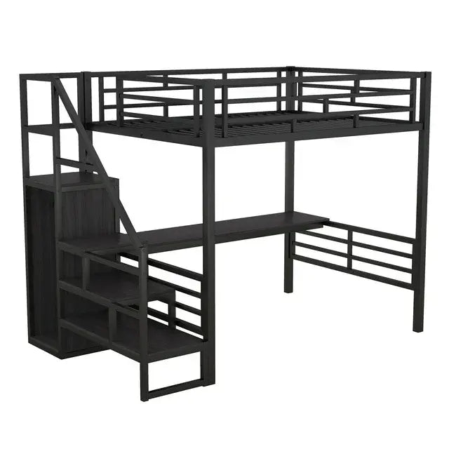 Bellemave® Full Size Metal Loft Bed with Desk, Storage Stairs and Small Wardrobe - Bellemave