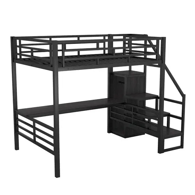 Bellemave® Full Size Metal Loft Bed with Desk, Storage Stairs and Small Wardrobe - Bellemave