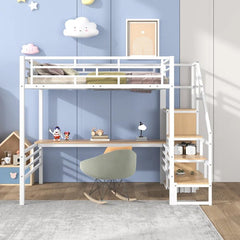 Bellemave® Full Size Metal Loft Bed with Desk, Storage Stairs and Small Wardrobe - Bellemave