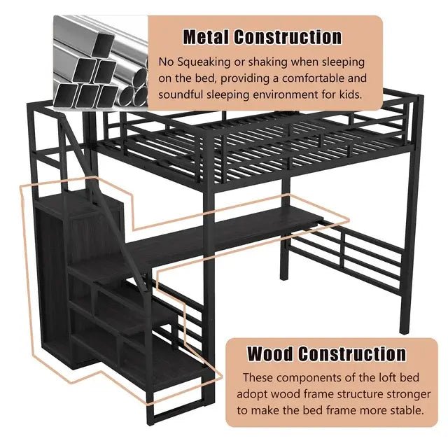 Bellemave® Full Size Metal Loft Bed with Desk, Storage Stairs and Small Wardrobe - Bellemave