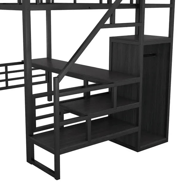 Bellemave® Full Size Metal Loft Bed with Desk, Storage Stairs and Small Wardrobe - Bellemave