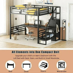 Bellemave® Full Size Metal Loft Bed with Desk, Storage Stairs and Small Wardrobe - Bellemave
