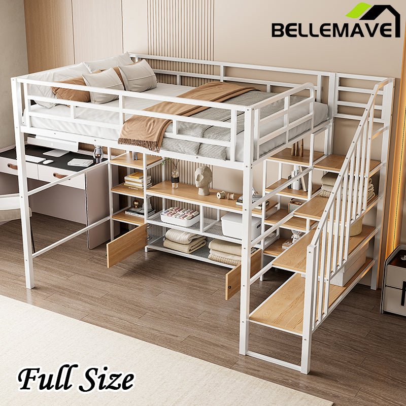 Bellemave® Full Size Metal Loft Bed with Staircase,Low Storage Table and Storage Shelves - Bellemave