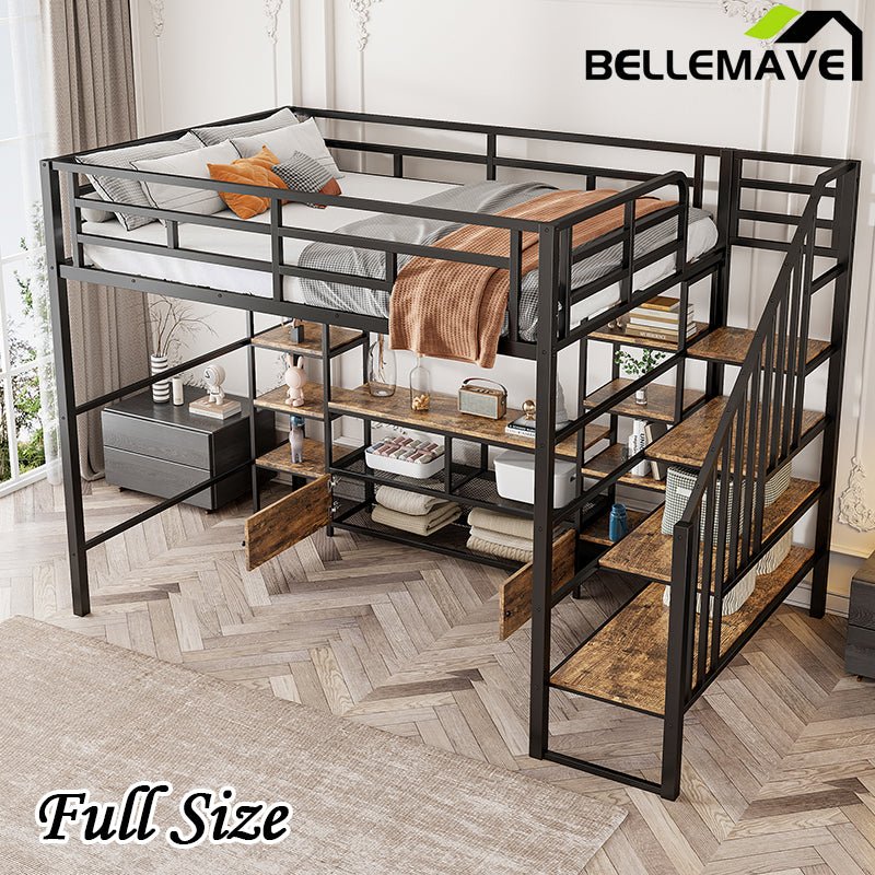 Bellemave® Full Size Metal Loft Bed with Staircase,Low Storage Table and Storage Shelves - Bellemave