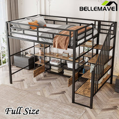 Bellemave® Full Size Metal Loft Bed with Staircase,Low Storage Table and Storage Shelves - Bellemave