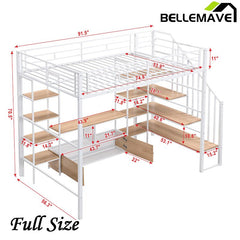Bellemave® Full Size Metal Loft Bed with Staircase,Low Storage Table and Storage Shelves - Bellemave