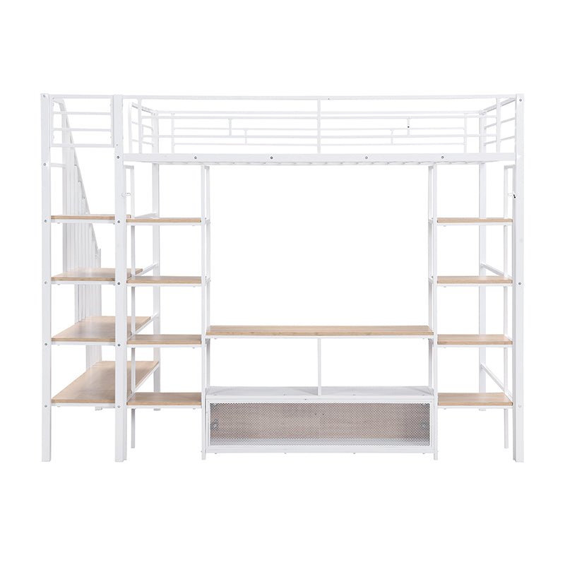 Bellemave® Full Size Metal Loft Bed with Staircase,Low Storage Table and Storage Shelves - Bellemave