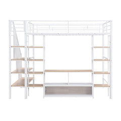 Bellemave® Full Size Metal Loft Bed with Staircase,Low Storage Table and Storage Shelves - Bellemave