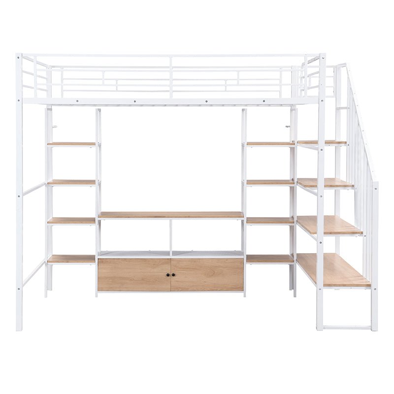 Bellemave® Full Size Metal Loft Bed with Staircase,Low Storage Table and Storage Shelves - Bellemave