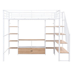 Bellemave® Full Size Metal Loft Bed with Staircase,Low Storage Table and Storage Shelves - Bellemave