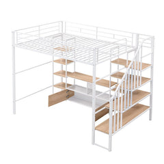 Bellemave® Full Size Metal Loft Bed with Staircase,Low Storage Table and Storage Shelves - Bellemave