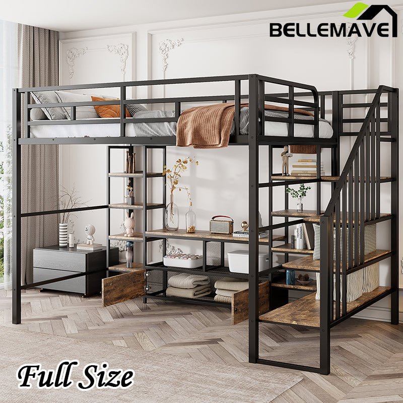 Bellemave® Full Size Metal Loft Bed with Staircase,Low Storage Table and Storage Shelves - Bellemave