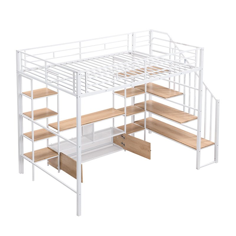 Bellemave® Full Size Metal Loft Bed with Staircase,Low Storage Table and Storage Shelves - Bellemave