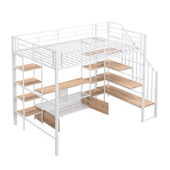 Bellemave® Full Size Metal Loft Bed with Staircase,Low Storage Table and Storage Shelves - Bellemave