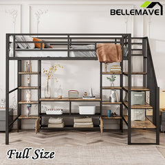 Bellemave® Full Size Metal Loft Bed with Staircase,Low Storage Table and Storage Shelves - Bellemave