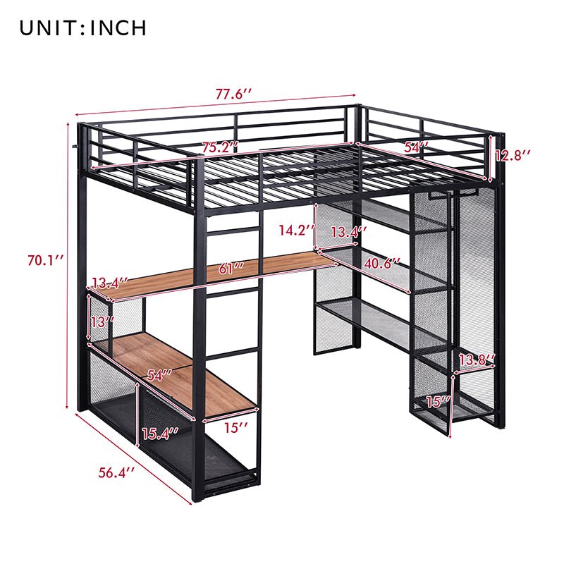 Bellemave® Full Size Metal Loft Bed with Storage Iron Mesh and MDF Shelves and Open Wardrobe - Bellemave