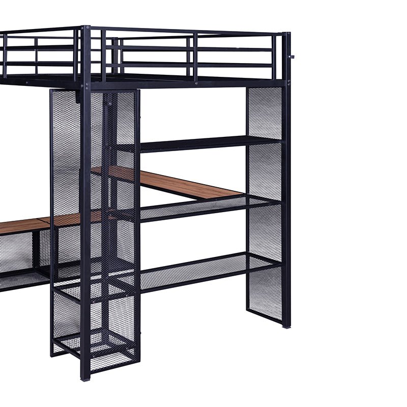 Bellemave® Full Size Metal Loft Bed with Storage Iron Mesh and MDF Shelves and Open Wardrobe - Bellemave