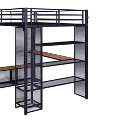 Bellemave® Full Size Metal Loft Bed with Storage Iron Mesh and MDF Shelves and Open Wardrobe - Bellemave