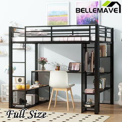 Bellemave® Full Size Metal Loft Bed with Storage Iron Mesh and MDF Shelves and Open Wardrobe - Bellemave