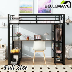 Bellemave® Full Size Metal Loft Bed with Storage Iron Mesh and MDF Shelves and Open Wardrobe - Bellemave