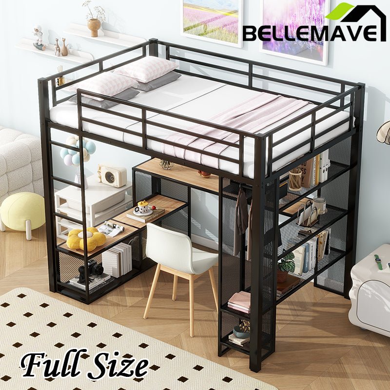 Bellemave® Full Size Metal Loft Bed with Storage Iron Mesh and MDF Shelves and Open Wardrobe - Bellemave