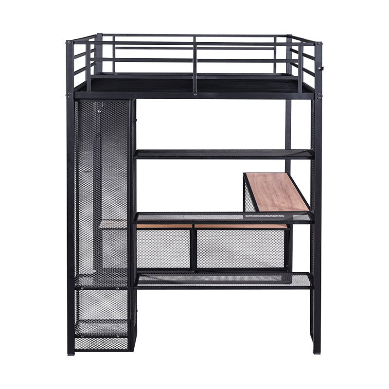 Bellemave® Full Size Metal Loft Bed with Storage Iron Mesh and MDF Shelves and Open Wardrobe - Bellemave