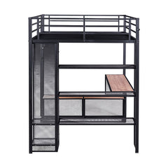 Bellemave® Full Size Metal Loft Bed with Storage Iron Mesh and MDF Shelves and Open Wardrobe - Bellemave