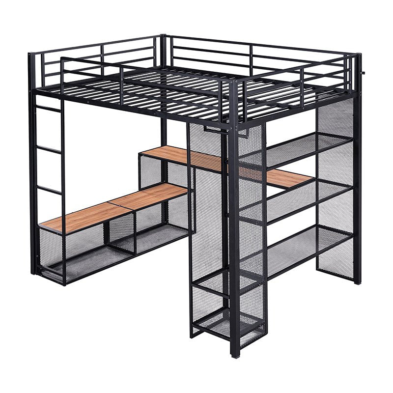 Bellemave® Full Size Metal Loft Bed with Storage Iron Mesh and MDF Shelves and Open Wardrobe - Bellemave