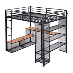 Bellemave® Full Size Metal Loft Bed with Storage Iron Mesh and MDF Shelves and Open Wardrobe - Bellemave